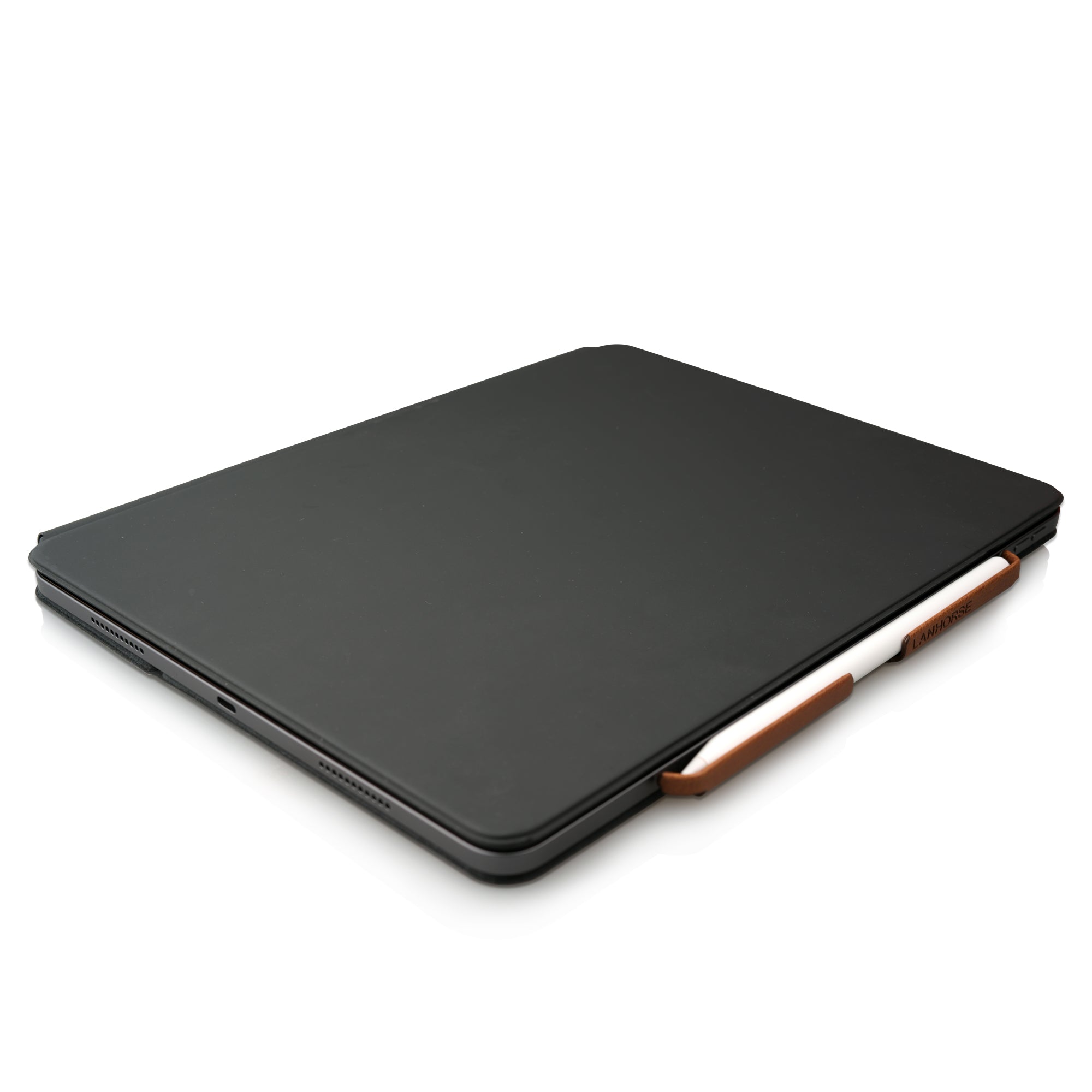 Lanhorse Pencil Holder for Apple Pencil, to be Used with Magic Keyboard, Handmade Ultra-Thin Steel Plate Plus Leather. Brown .